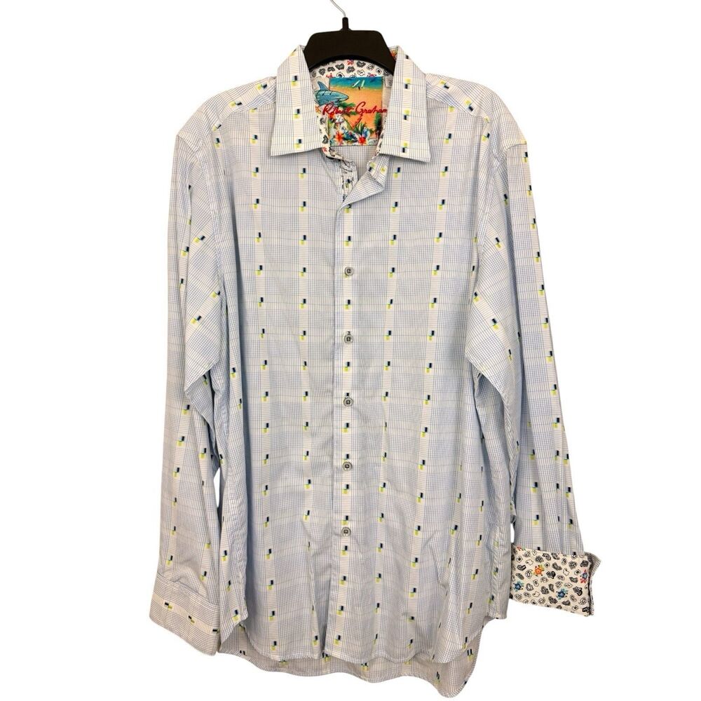 Robert Graham Shirt Mens Sz XL Classic Fit Blue Long Sleeve Button Contrast Trim